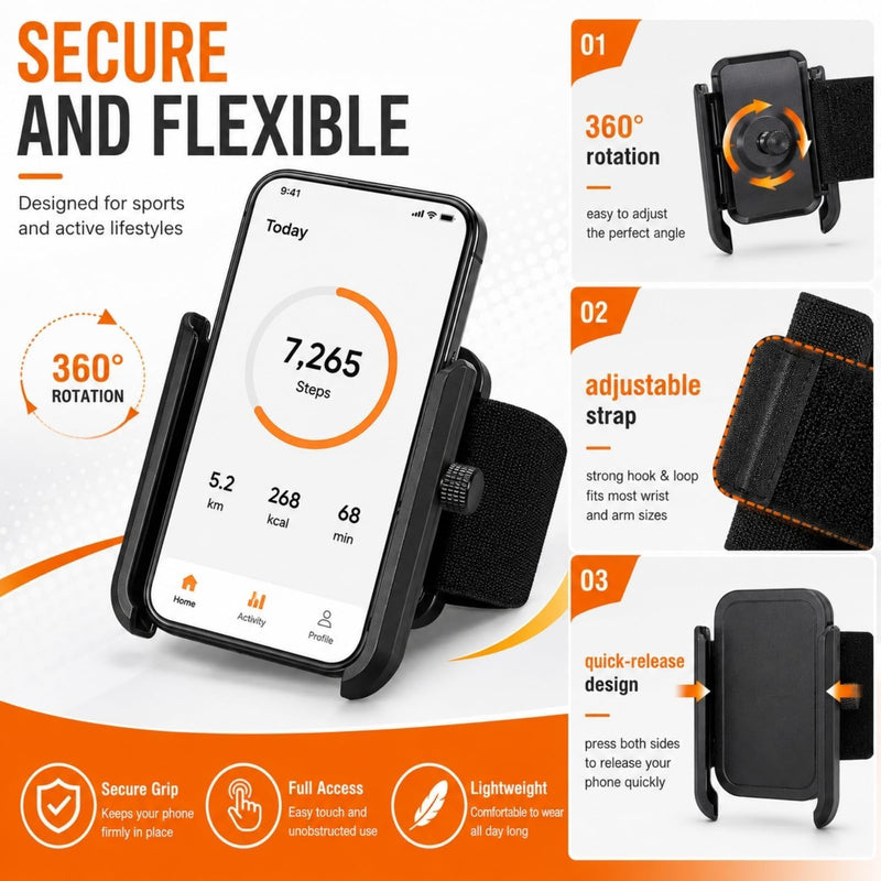 Wristband Phone Holder,Wrist Phone Holder,Arm for Running,Phone Arm Band,Phone Holder for Running,No Screen Blocking, 360° Rotating Wrist Fits 4–6.7" Phones(Arm Style)