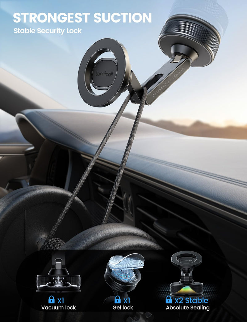 Lamicall Car Phone Holder Mount Ultra Nano Gel & 70+LBS Vacuum Suction Cup | 20X Strong Magnets 360° Phone Holders for Your Car Dashboard Windshield Car Mount for iPhone 17 16 15 Pro Max S26 S25 Black