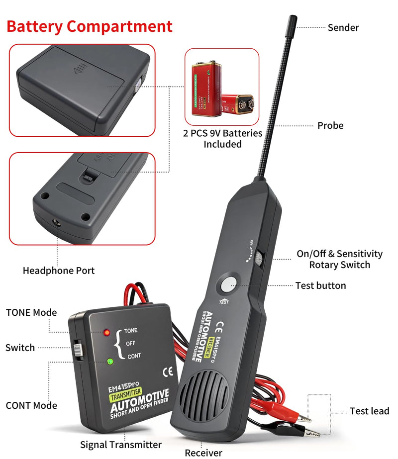 EM415Pro Wire Tracer Electrical Automotive Open & Short Finder With Battery, 6-42V DC Circuit Tester Automotive Circuit Breaker Finder Fault Probe Wire Tracker Electrical for Car, Boat,Trailer