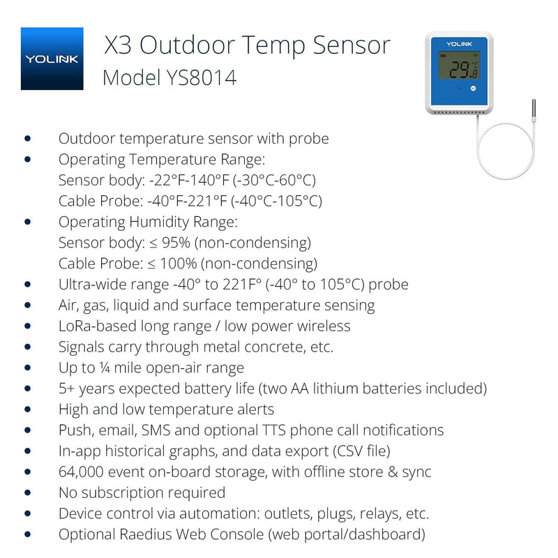 YoLink Smart X3 Version Outdoor Temperature Data Logger with Probe, Thermometer, 1/4 Mile Range, 5+ Years Battery Life, Emails, Text, App Alerts, Alexa, IFTTT. Pool, Hot Tub, Fish Tank. Hub Required! 5-Year Battery Without Hub