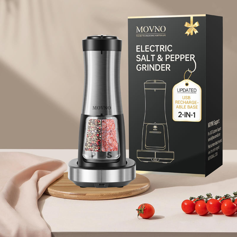 MOVNO 2 in 1 Rechargeable Electric Salt and Pepper Grinder Set with Charging Base, No Need Battery Automatic Salt and Pepper Grinder, One-Handed Operation, Adjustable Ceramic Grinder with LED Light Black