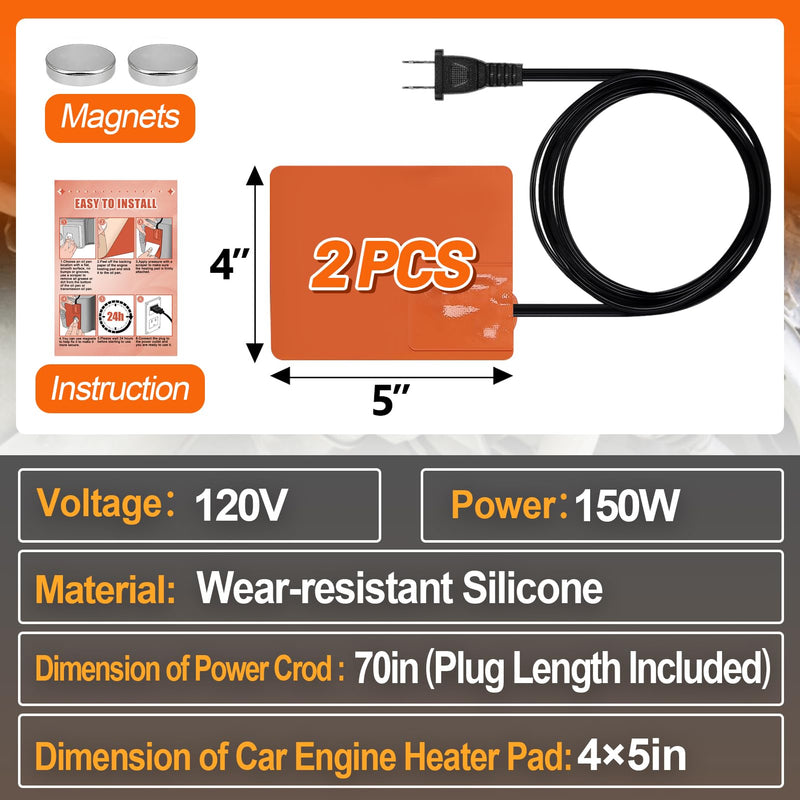 Silicone Pad Heater - 4 * 5in Car Engine Oil Pan Heater with 194°F Thermal Protector & 68" Power Cord, Self-adhesive Warmer for Automotive (120V 150W) 2pcs 4*5in