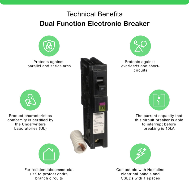 Square D by Schneider Electric Homeline 20 Amp Mini Circuit Breaker, 1 Pole, 120V AC, 10kA Breaking Capacity, Plug in Mount, Combo ARC/Ground Fault, Residential Use (HOM120DFC) 1" format