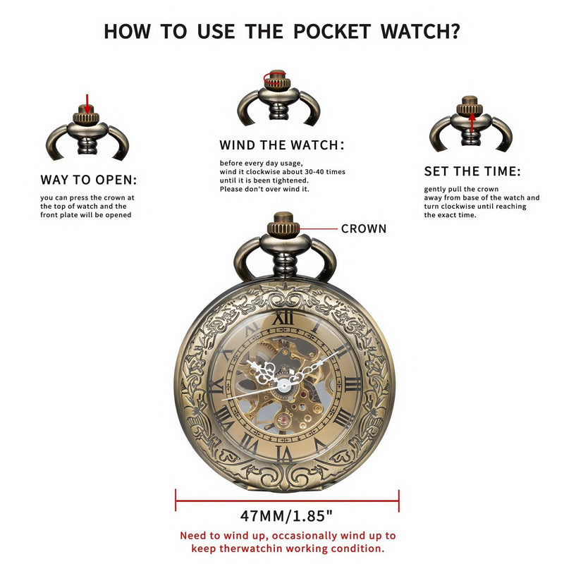 Mechanical Pocket Watch, for Men Women Special Magnifier Half Hunter Engraved Case Roman Numerals with Chain Ad. Bronze Black + Wooden Box