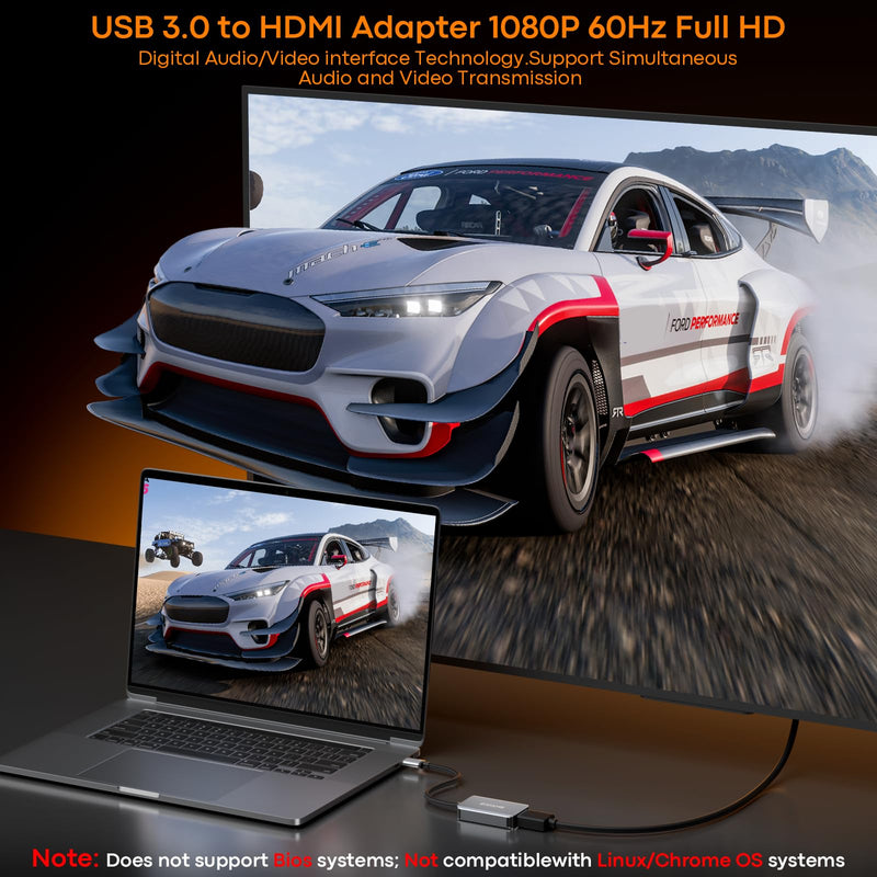 USB to HDMI Adapter, 1080P@60Hz for Windows 7/8/10/11 and MacOS | USB 3.0 Male to HDMI Female Audio Video Converter Suitable for Laptop Desktop Monitor - Driver installation is required