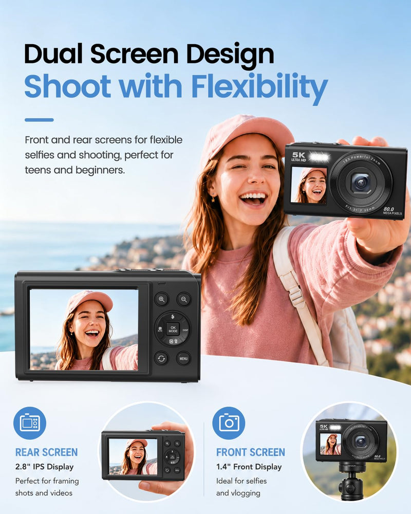 5K Digital Camera for Teens and Beginners, Dual Screen Compact Vlogging Camera with 18X Digital Zoom, Point and Shoot for Travel, 32GB Card and 2 Batteries Black