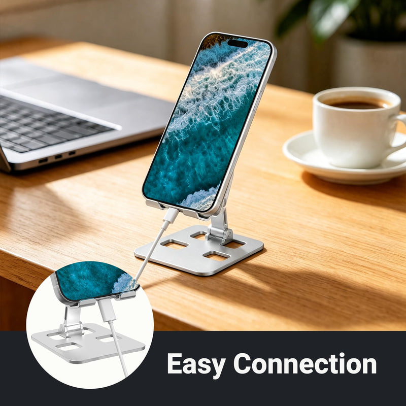 Foldable Cell Phone Stand, Multi-Angle Adjustable Desk Holder with Anti-Slip Silicone Pads and Charging Cutout, Pocket Portable Mount Compatible with Smartphones and Mini Tablets for Office and Travel