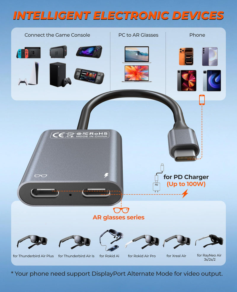 USB C to Glasses Charging Adapter, Charge & Play AR Glasses Adapter – 100W PD Charging & 4K@60Hz Output for Switch (Not Switch 2)/Steam Deck/PS5/Mac/iPhone/Laptop/Viture/Rokid/Xreal/RayNeo AR Glasses