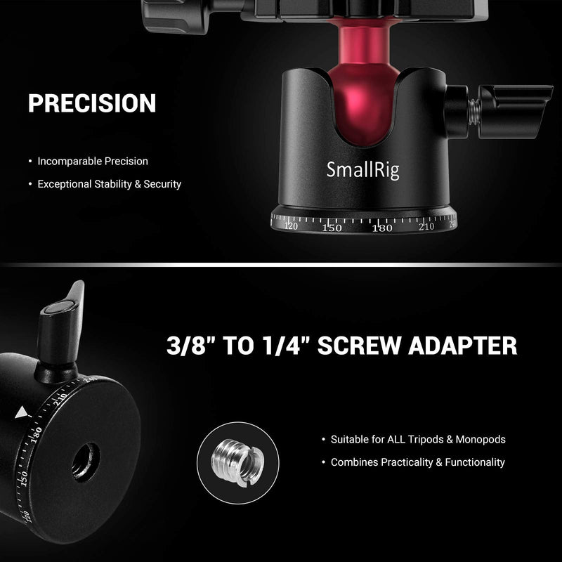 SmallRig Mini Ball Head, Tripod Head Camera 360° Panoramic with 1/4" Screw 3/8" Thread Mount and Quick Release Plate Metal Ball Joint for Monopod, DSLR, Phone, Gopro, Max Load 4.4lbs/2kg - BUT2665