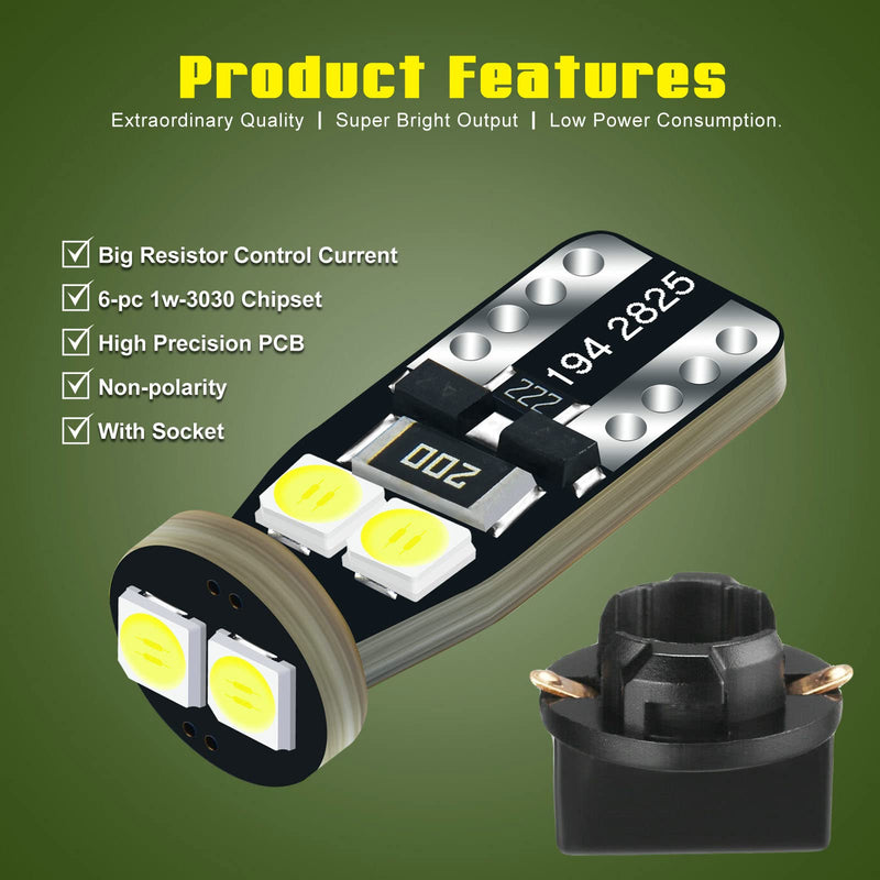12V White T10 W5W 158 168 194 2825 Instrument Cluster Light LED Bulb Replacement For Dashboard Dash Panel Gauge Indicator Lamp with Socket Cross PC168 PC175 PC194 PC195 PC160 PC161 PC195NA