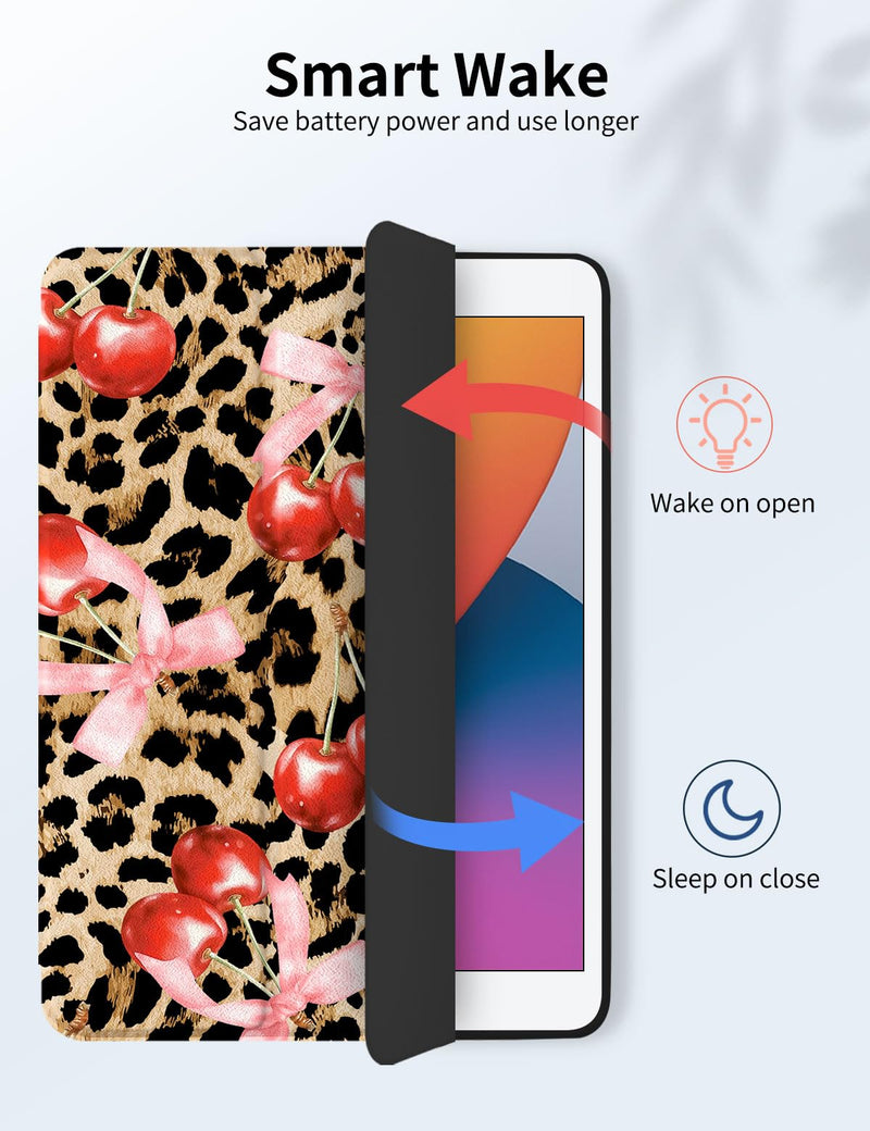 Case for iPad A16 11th Generation 11 Inch 2025, iPad Case 10th Generation 10.9 Inch 2022, Slim Lightweight Soft Trifold Back Cover with Pencil Holder & Auto Sleep/Wake Cover Cherry Cheetah Bow Brown Leopard & Pink Bow