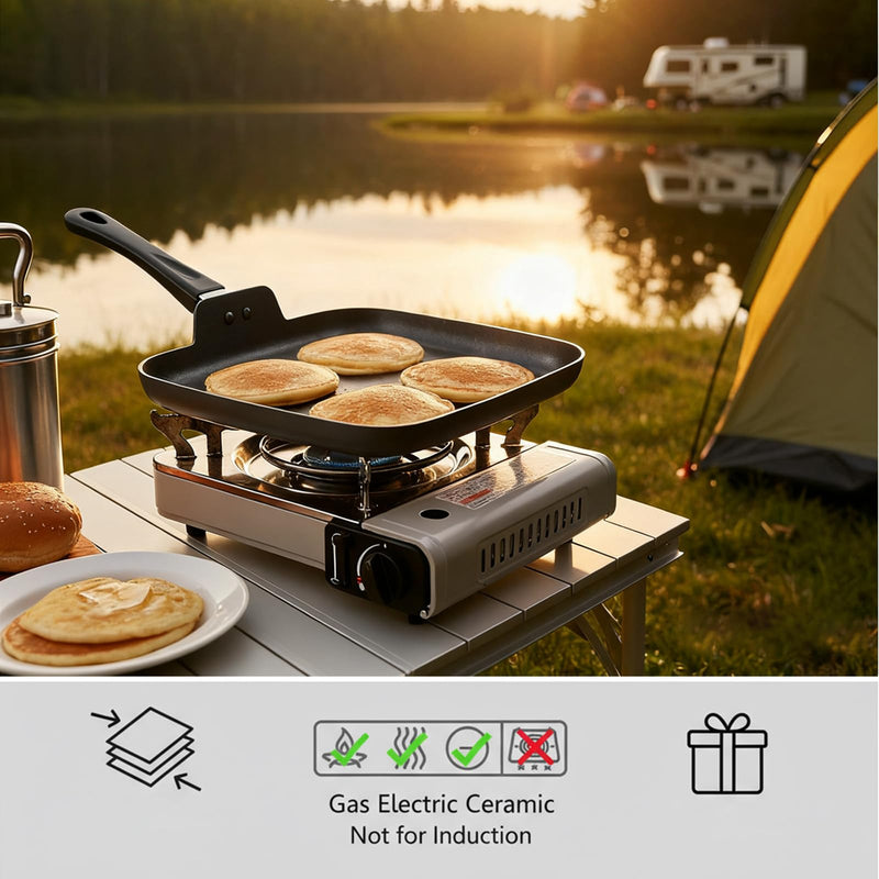 Nonstick Square Griddle Pan for Pancakes Eggs Bacon, 10 inch Family Breakfast Griddle. Aluminum Flat Top Griddle Pan for Gas Electric Stove, Even Heat Distribution Warp-Proof Easy Clean