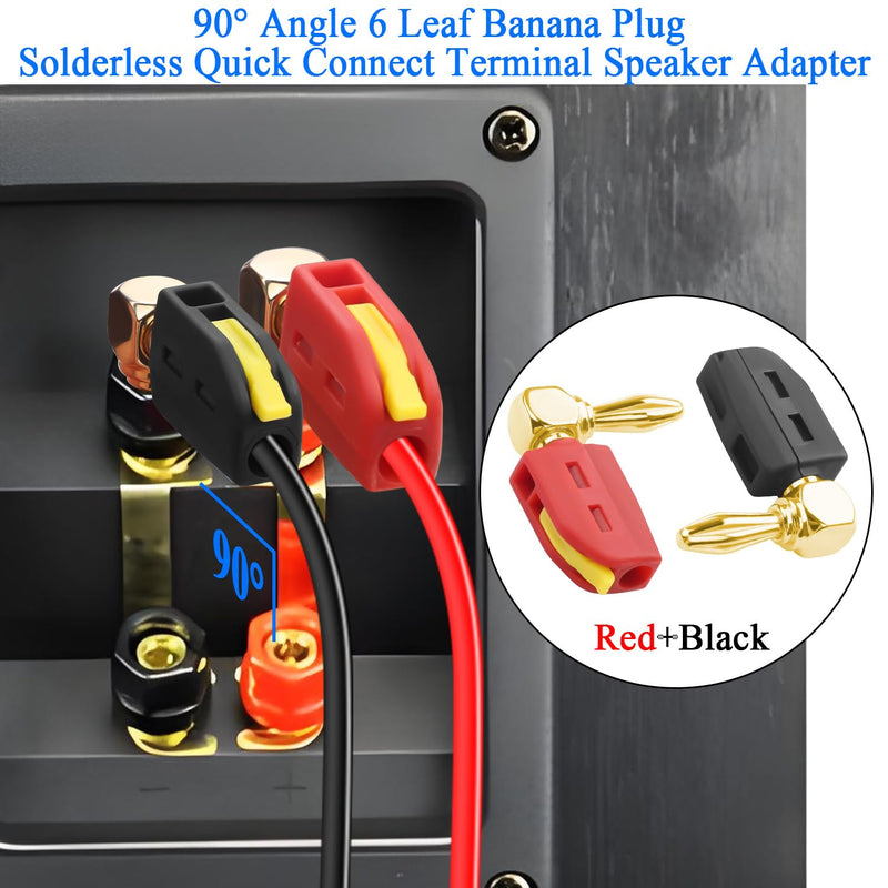 QIANRENON 90° 4mm Banana Plug Quick Connect Connector Gold Plated 6 Leaf Banana Plug solderless Right Angle Audio Adapter High Current 32A, for DIY Hi-Fi Speaker Amplifier, Red + Black