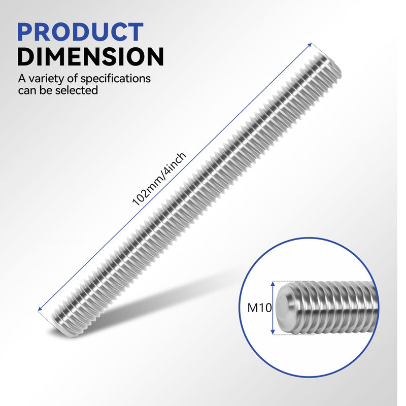 12 Pcs 304 Stainless Steel M10 Fully Threaded Rod,4"(102mm) Threaded Rod,Right Hand Threads，with Nuts (12, M10x102mm) 12