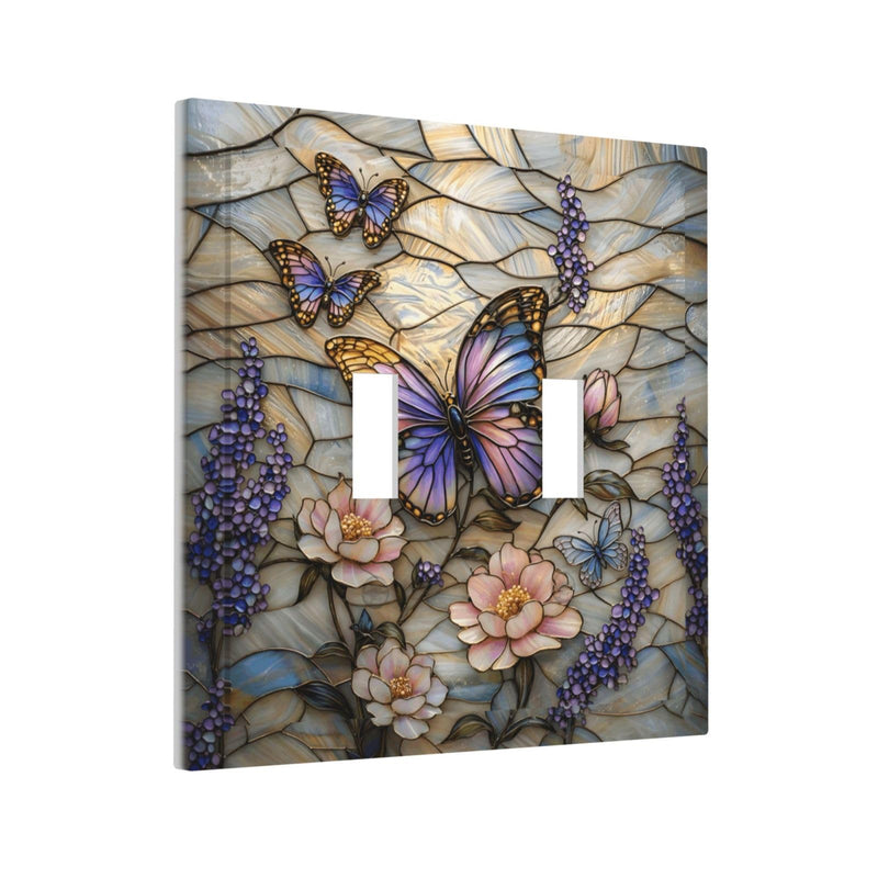 Stained Glass Butterfly Pattern Double Toggle Wall Plate Switch Decorative Panel Electrical Socket Plate Suitable For Bathroom Kitchen Living Room Bedroom Stained Glass Butterfly