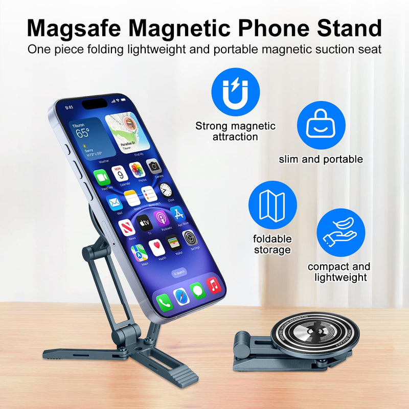 Magnetic Magsafe Mini Foldable Small Phone Tripod Stand Holder for iPhone | All-Metal, 360° Mechanical Rotating Suction Cup, Portable Pocket Desk Office Travel Selfie Stick, Mobile Holder for Android Deep Navy Blue