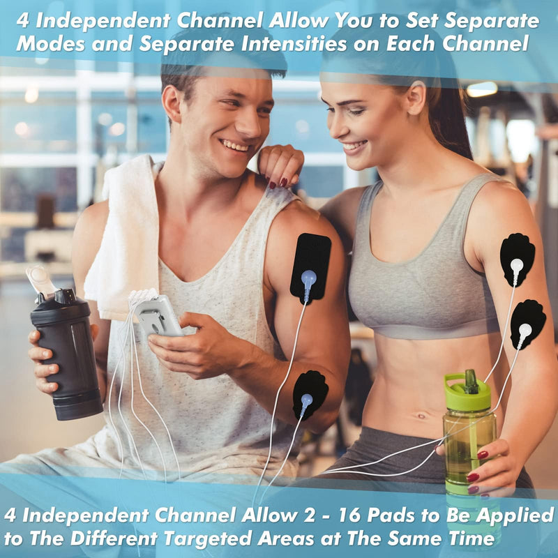 Belifu 4 Channel TENS EMS Unit – 24 Massage Modes & 30 Intensity Levels, Rechargeable Electric Pulse Muscle Stimulator with 10 Pads & 5 Lead Wires for Pain Relief & Therapy, Color Silver