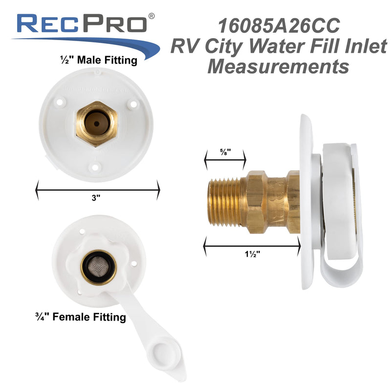 RecPro RV White City Water Fill Inlet Flange Brass with Check Valve | Made in America (No Hose Elbow) No Hose Elbow
