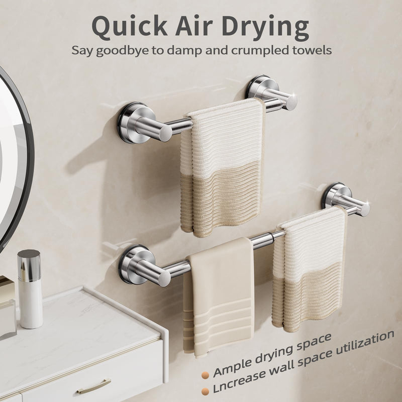 Adjustable Suction Cup Towel Bar for Bathroom Wall,14.6Inch~24 Inch Towel Racks for Bathroom, SUS304 Stainless Steel Bathroom Towel Holder,Bathroom Accessories Brushed Nickel Towel Rack (2pcs Silver) 2pcs Silver