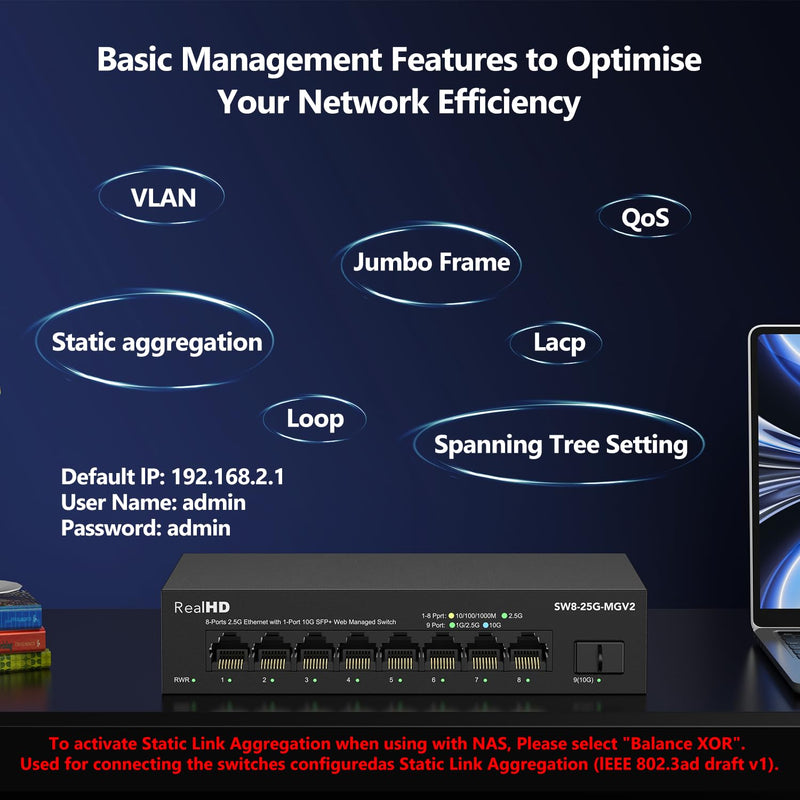 8 Port 2.5Gb Web Managed Ethernet Network Switch with 8 x 2.5 Gigabit | 1 x 10G SFP+ | Work with 10-100-1000Mbps Devices | 60G Bandwidth | Fanless Quiet Metal Internet Switch 8 Port 2.5GB Web Managed Switch