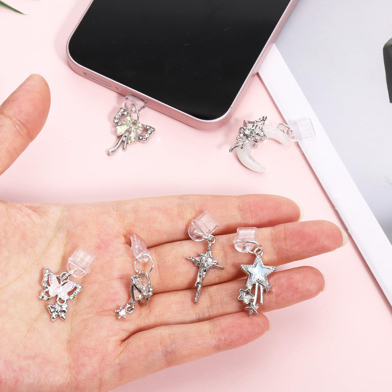 6 Pcs Dust Plug Charm, Silver Aesthetic Moon Star Butterfly Design Dust Plug Charms Compatible with Phone Type C/USB C Charging Port