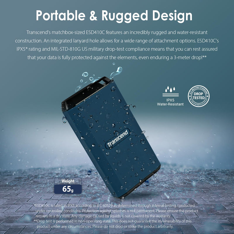 Transcend 1TB External SSD, Up to 2000MB/s, Supports Apple 4K 60fps ProRes, USB Hard Drive for iPhone15,16/iPad/Mac/Tablets/PS5/Windows/Android, IPX5 Water-Resistant USB 3.2 Gen2 (20Gbps) Portable SSD ESD410C