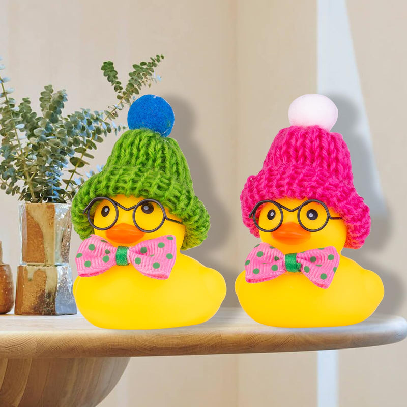 Car Rubber Duck Ornament, Winter Duck Car Dashboard Decoration with Mini Beanie Hat Bow Tie and Glasses(C2) C2-circular Glasses-rose Bow&green
