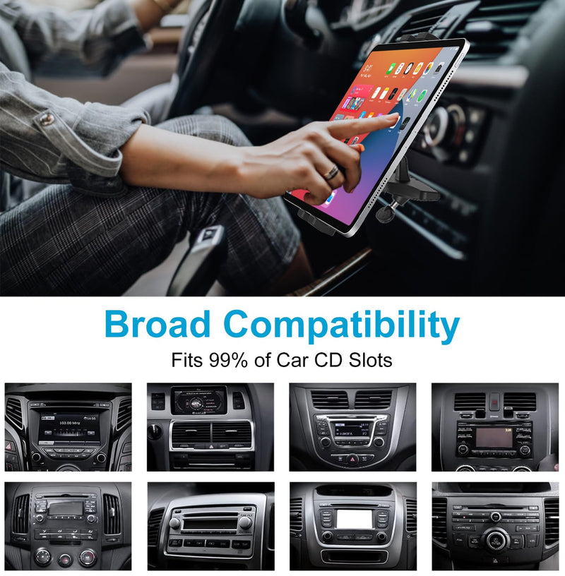 Car CD Slot Tablet Holder, Ultra Sturdy CD Player Tablet Mount, 360° Rotation CD Tablet Stand for iPad Pro 12.9 11 Air Mini, Galaxy Z Fold Series, Tabs, iPhone, More 4-13" Device