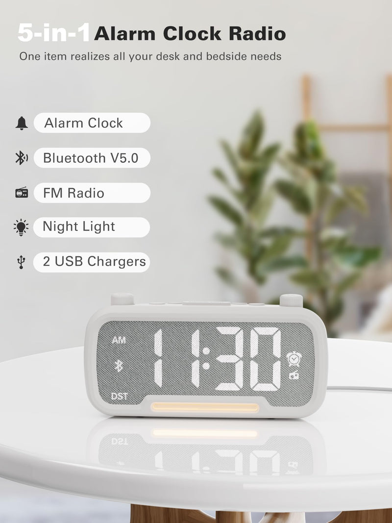 Mesqool Alarm Clock with Bluetooth Speaker, FM Radio, Alarm Clock for Bedroom with USB Chargers, Dimmer and 12/24H,Snooze,Battery Backup, Plugged in Clock Radio for Adult Kid White
