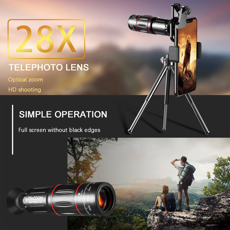 Phone Camera Lens Kit Upgraded Version Telephoto 28X + Wide Angle 0.6X Macro 20X Fisheye 198° for Most Smartphones