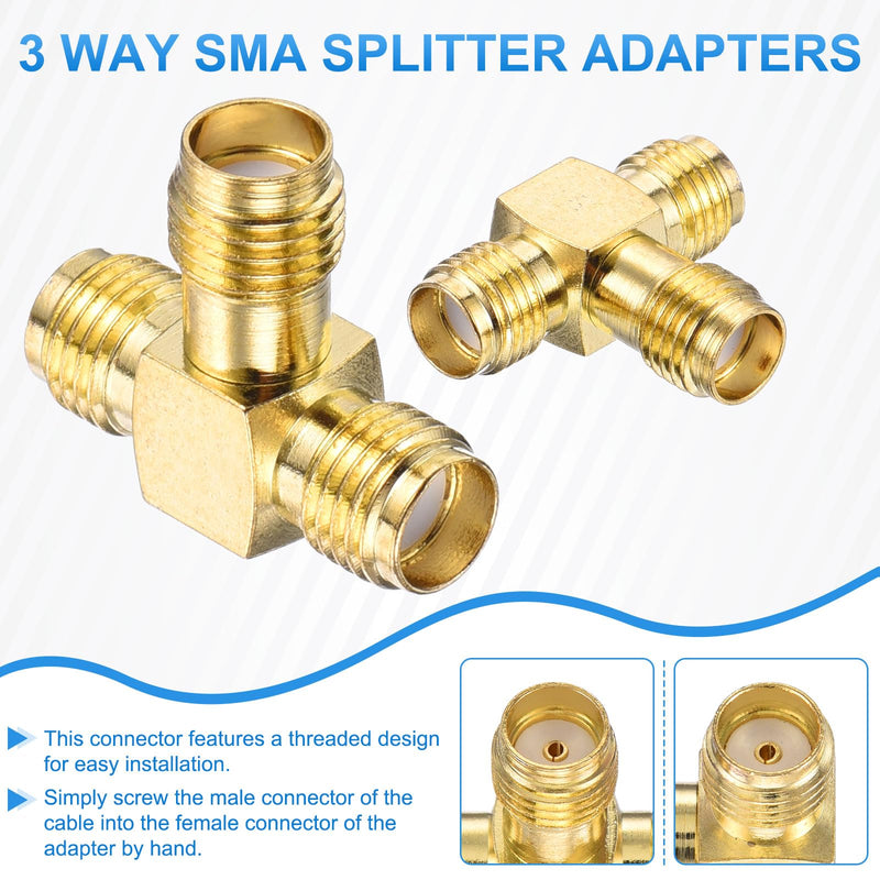 MECCANIXITY 5Pcs 3 Way SMA Splitter Adapter SMA Female to Dual Female Adapter Converter 50 Ohm for Antennas, Signal Monitoring, Test Bench, Router, Car Navigation, Gold