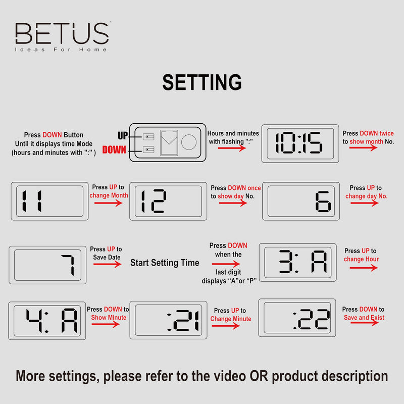 Betus Car Dashboard Digital Clock - Vehicle Adhesive Clock with Jumbo LCD Time & Day Display - Mini Automotive Stick On Watch for Car Truck Dashboard & Air Vent Red - Pack of 1