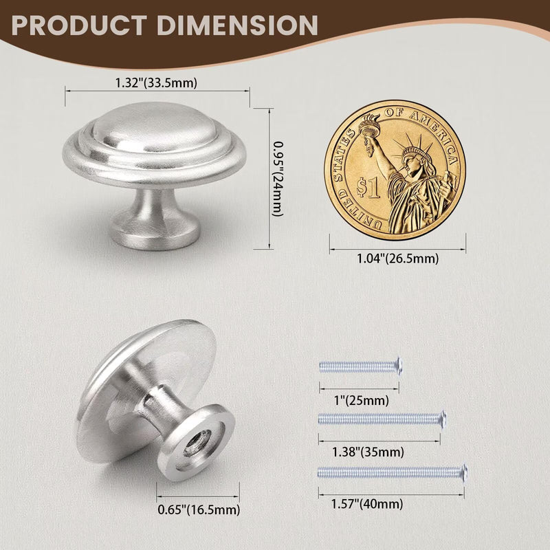 Brushed Nickel Knobs for Drawer 20 Pack, Solid Round Kitchen Cabinet Knobs, Dresser Pulls for Bedroom Bathroom Vanity, Diameter: 1.32 Inch(33.5mm) Brushed Nickel