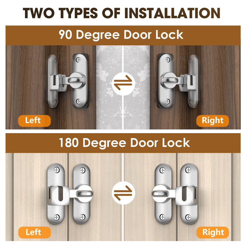 90/180 Degree Barn Door Lock & Latch, Zinc Alloy Sliding Flip Lock Hardware for Cabinet, Bathroom, Garage, Wooden Fence, Pet Gate, Shed (Silver - 2Pack) Silver - 2Pack