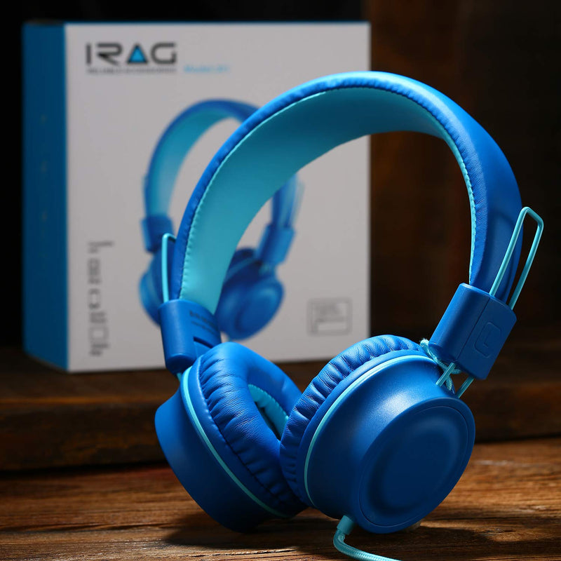 iRAG J01 Kids Headphones Foldable Stereo Tangle-Free 5ft Long Cord 3.5mm Jack Plug in Wired On-Ear Headset for iPad/Amazon Kindle Fire/Toddler/Boys/Girls/School/Laptop/Tablet(Ocean Blue) Ocean Blue