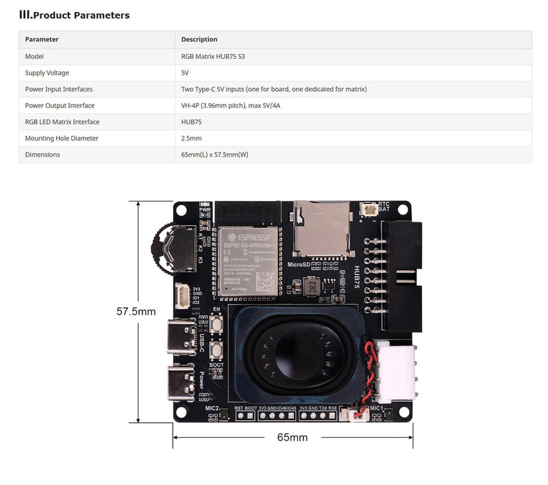 RGB Matrix HUB75 S3 LED Controller Board with Audio and SD Slot | HUB75 RGB LED matrix controller with Type-C power, microSD storage, audio codec, microphones and RTC interface