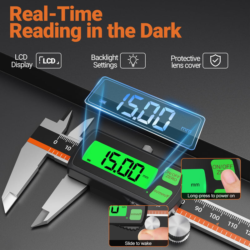 Digital Caliper, Type-C Rechargeable Stainless Steel Vernier Caliper, F/MM/in Conversion, Large LCD, USB Charging Digital Caliper Measuring Caliper for DIY, Woodworking & Professional Use (Black) Black