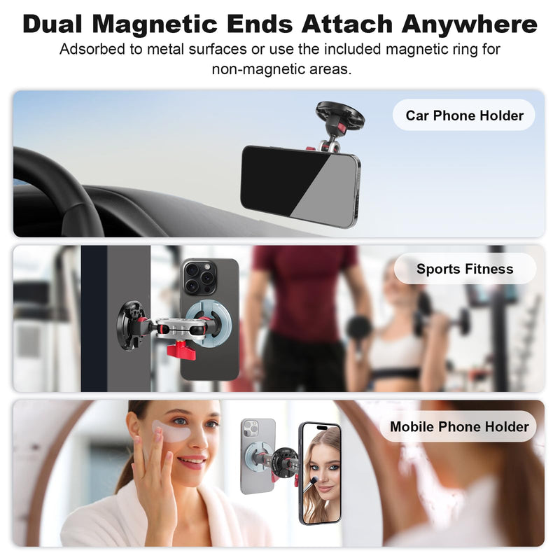 Came-TV Dual Magnetic Phone Holder with Dual Ball Head Magic Arm, Aluminum Gym Magnetic Phone Stand for Car/Gym/Tripod/Travel, Modular Car Phone Mount for iPhone Series/Magsafe Case (SY034)