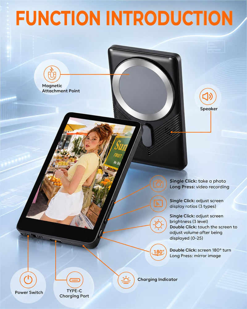Wireless Selfie Monitor Screen for iPhone Magnetic Back Camera – Real-Time 4K Live Preview for Livestreaming Product Demos Online Teaching Solo Vlogging – Portable HD Ultra-Clear Sharp Pro+ Black