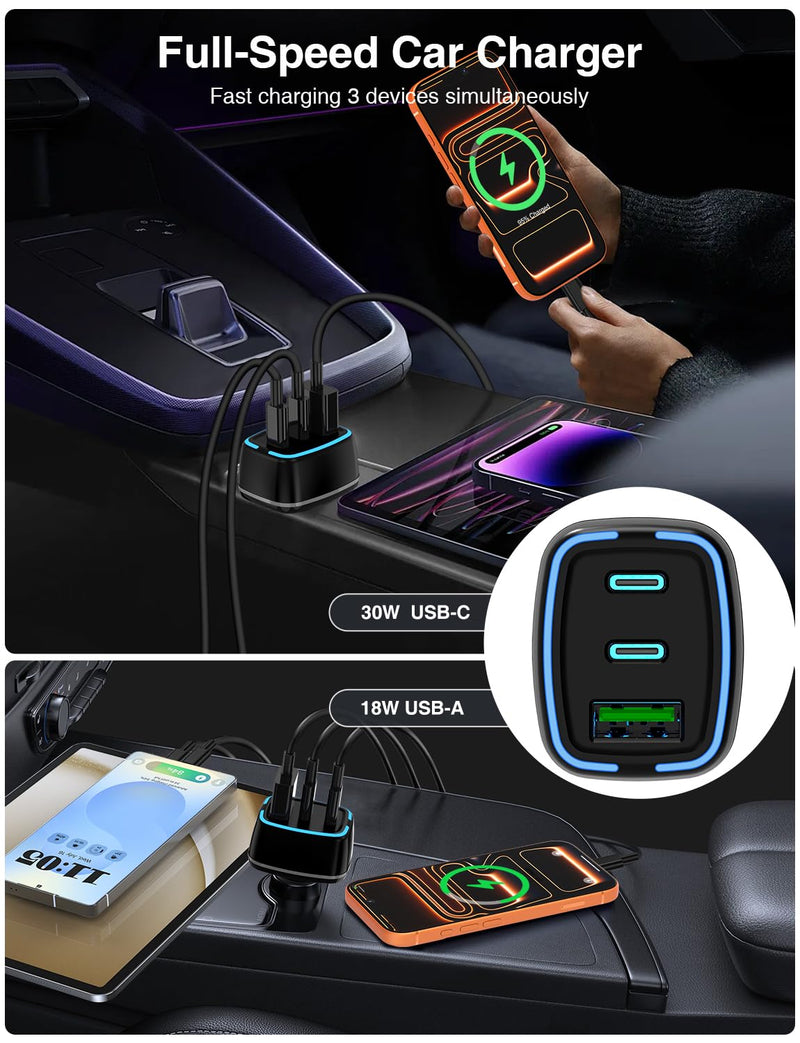 75W USB C Car Charger, 3-Port Super Fast Charging Cigarette Lighte | PD/QC 3.0 Car Cigarette Lighter Adapter for iPhone17/16/15 Pro Max & Samsung Galaxy S26/S25, with 4Pack 3/6.6FT Type-C Cables