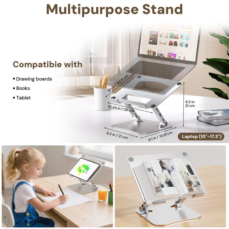Laptop Stand for Desk – 2.5mm Aluminum Ergonomic Riser, Adjustable Height & Angle, Sturdy Yet Lightweight, Fits 10-17.3 Inch MacBook Pro/Air, Dell XPS, HP,Silver.