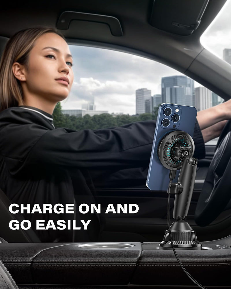 APPS2Car Upgraded for QI2 MagSafe Cup Holder Phone Holder Charger | 15W Fast Charging, Adjustable Tri-Pivot Arm, Wireless Magnetic Cell Phone Stand for iPhone 17 Air Pro Max Plus 16 15 14 13 12 MagSafe Mount-QI2 Charging