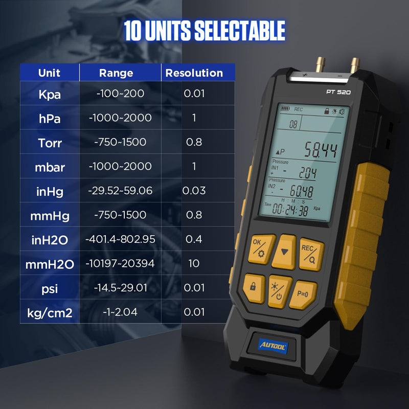 AUTOOL Manometer Gas Pressure Tester,Digital Manometer HVAC,10 Units Differential Dual Port Pressure Gauge -100 to 200Kpa,Data Zeroing with Backlight LCD Display PT520