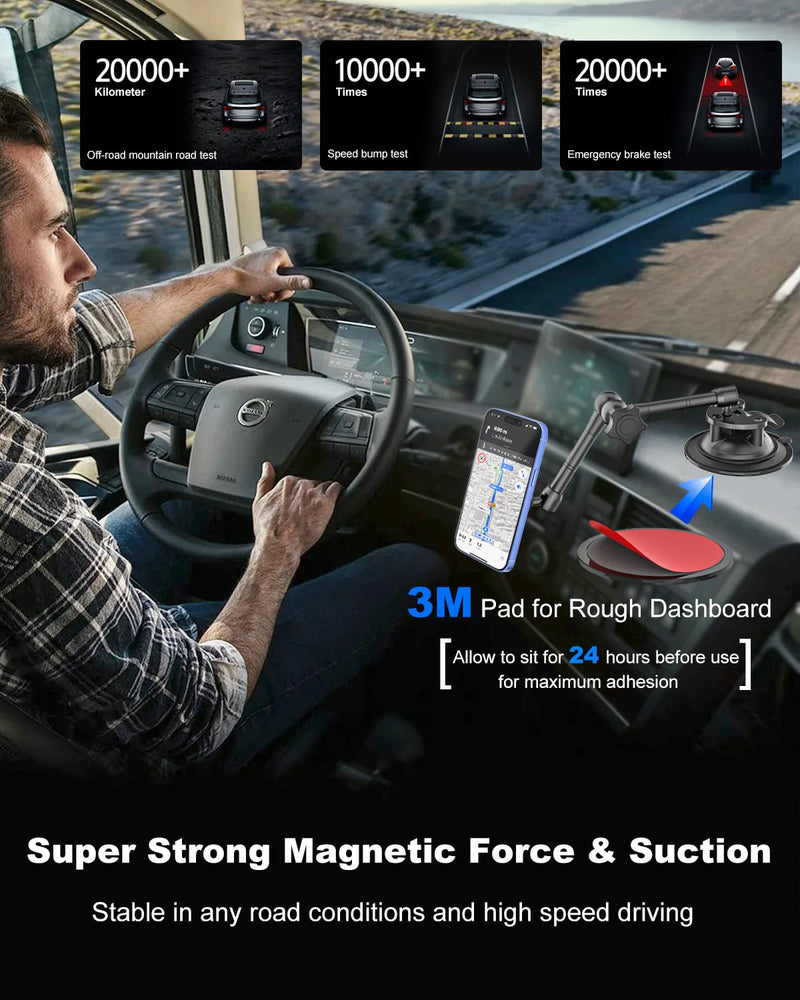 for MagSafe Car Mount [Off-Road Level Shockproof] Metal Arm Magnetic Phone Holders for Your Car Truck, Dashboard Windshield Sunroof Suction Cup Phone Mount for iPhone 16 Pro Max 15 14 13 Plus