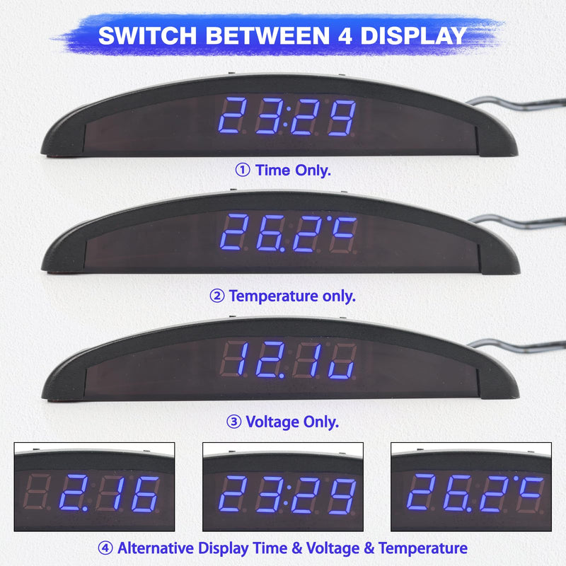 12V Car Temperature Clock, Universal Auto Dashboard Digital Multifunctional Clocks, 3in1 Voltmeter Thermometer Calendar Digital LED Display(Blue)