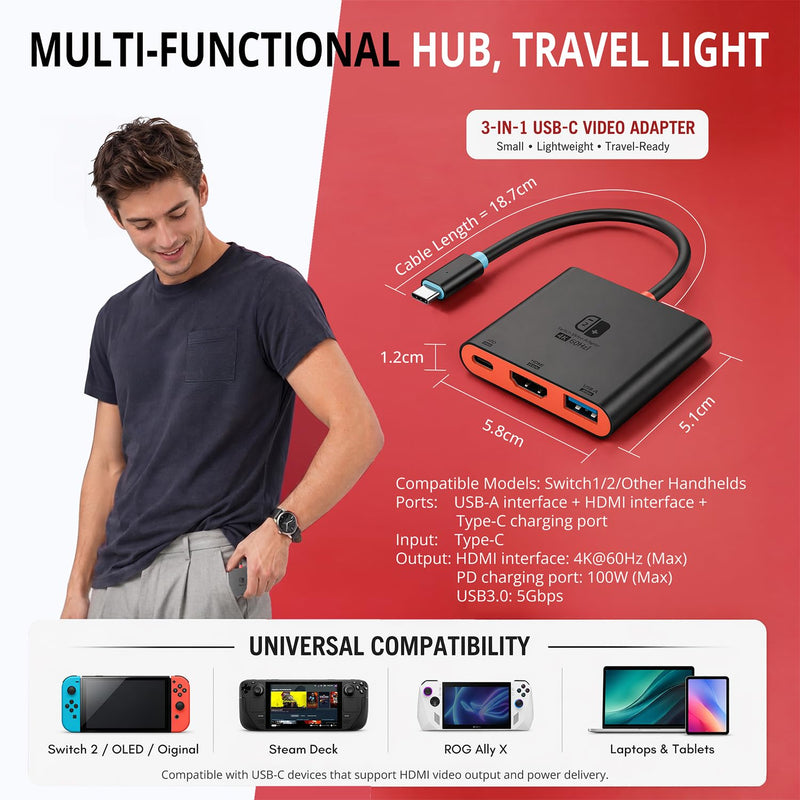 Switch 2 Dock for TV, Aluminum Alloy Shell HDMI 2.0 4K@60Hz HDR Docking Station for Nintendo Switch 2/OLED/Steam Deck/ROG Ally, USB C to HDMI Adapter with 100W PD 3.0 Fast Charging & USB3.0