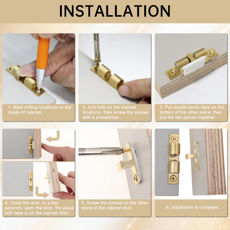 Double Roller Catch Cabinet Latches 70 mm,Solid Brass,Pack of 12,Gold | Adjustable, gold screws, double ball tension roller catches, for RV cabinets kitchen closet furniture doors 70mm