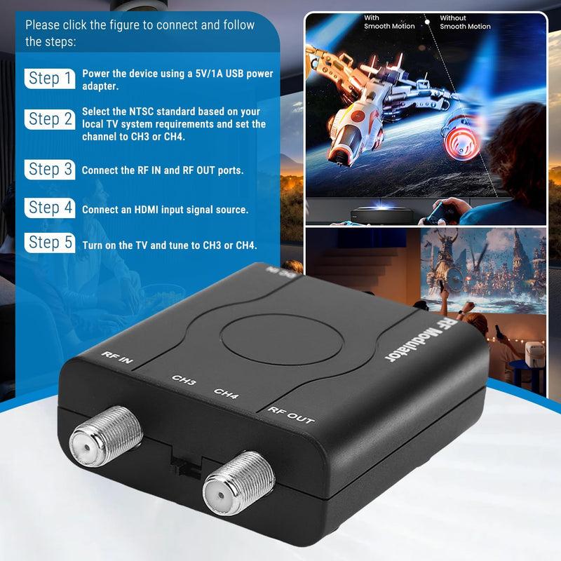 HDMI to RF Modulator for TV Game Console | Plug and Play Coax RF Converter for TV, 1080P PLL Control NTSC Output CH3/CH4 RF Converter for Antenna TVs and Game Consoles
