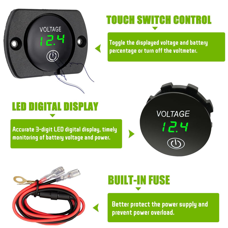2 Pack DC 12V 24V Volt Meter Battery Voltage Gauge Digital Gauge Waterproof Voltmeter with Touch Switch and Mounting Plate Round for Boat Marine Motorcycle Truck(Green Light) Green