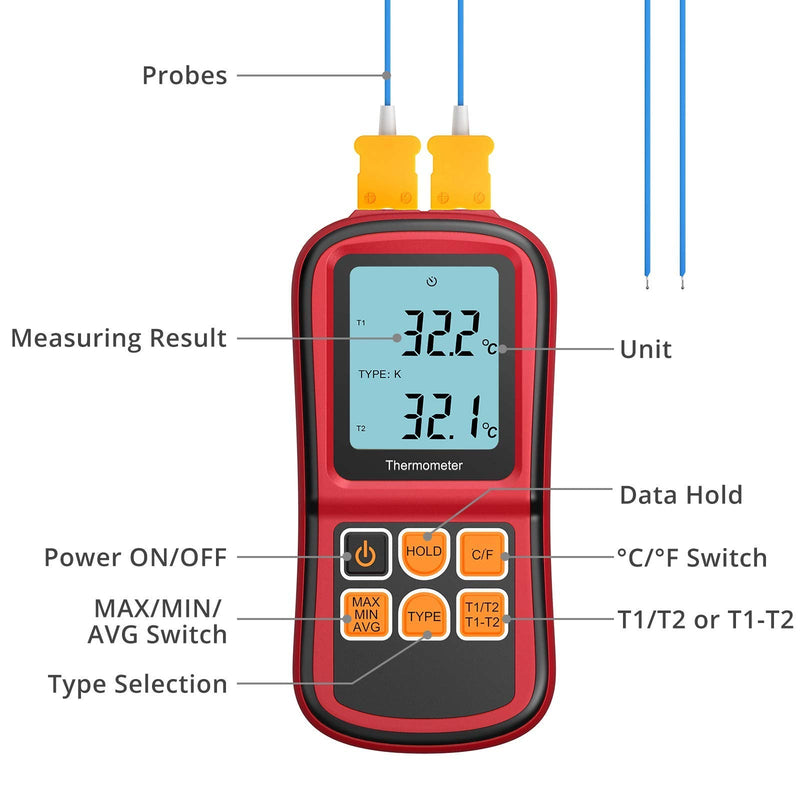 Kamtop Digital Thermometer, Dual Channel Thermometer with Two K Type Thermocouple Probes, High Temperature Meter Dual Measurement Meter Sensor Backlight LCD for K/J/T/E/R/S/N Type